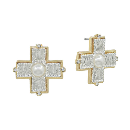 Silver and Gold Textured Cross with Pearl Stud Earring