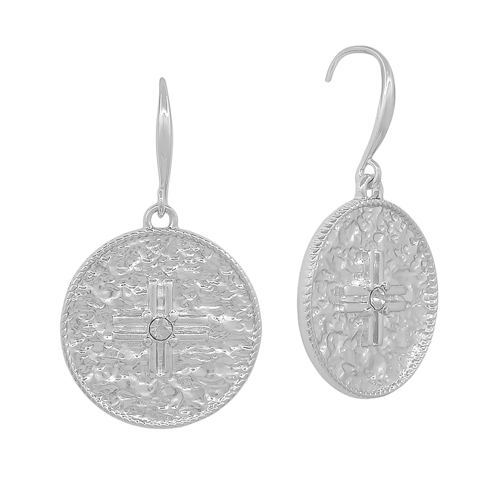 Hammered Silver Open Circle with Rhinestone Coin 1" Earring