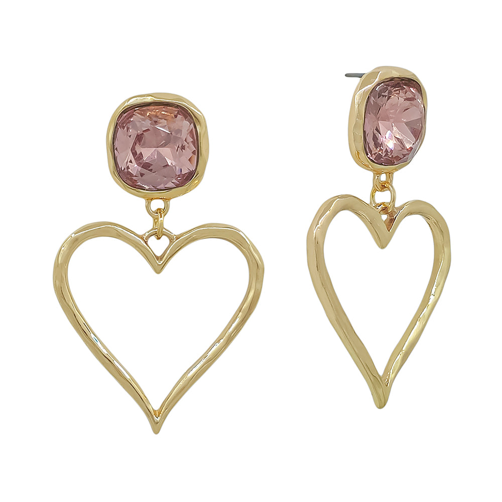 Pink Square Crystal with Open Gold Heart Stud 2" Earring
