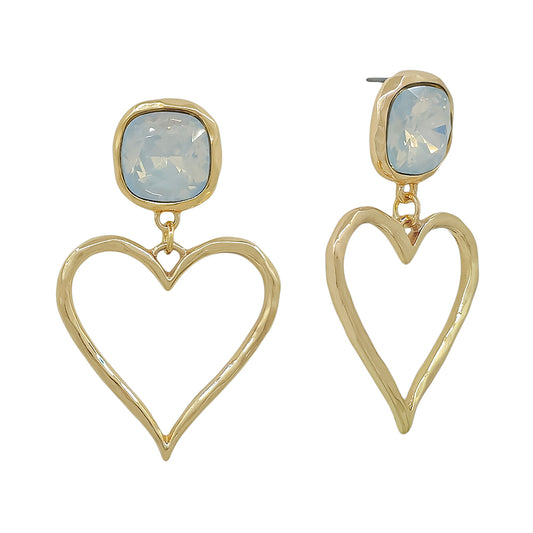 White Square Crystal with Open Gold Heart Stud 2" Earring