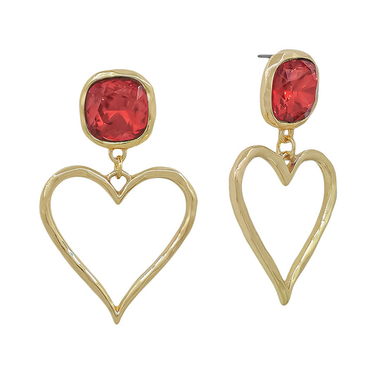 Red Square Crystal with Open Gold Heart Stud 2" Earring