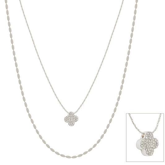 Double Layered Silver Knot Chain with Rhinestone Clover 16"-18" Necklace