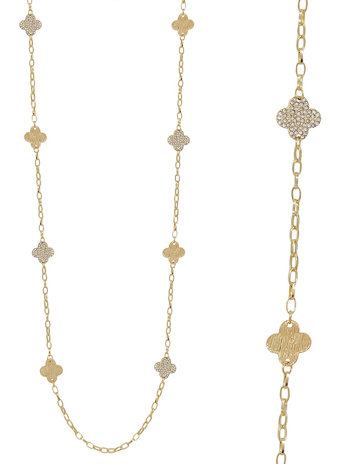 Worn Gold Pave and Metal Clover 36" Necklace