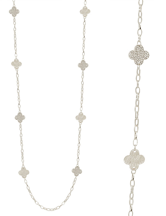 Worn Silver Pave and Metal Clover 36" Necklace