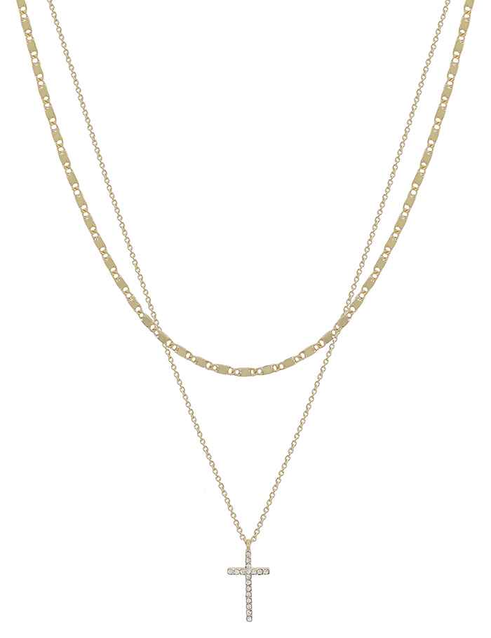 Gold Layered Chain with Rhinestone Cross 16"-18" Necklace