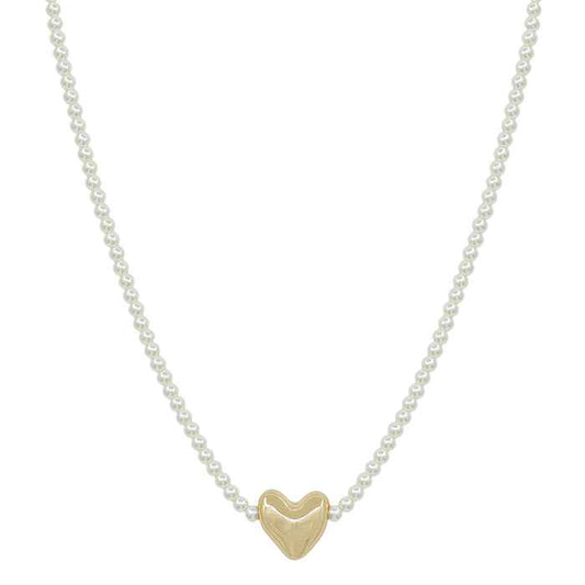 Pearl 4MM Beaded Chain with Puffy Heart 16"-18" Necklace