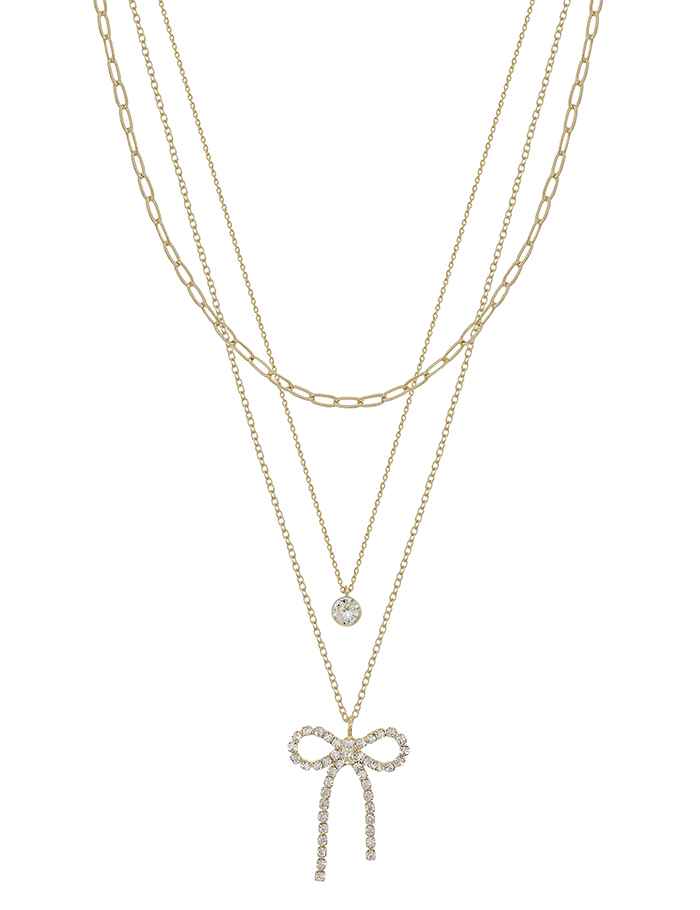 Gold Layered Chain with Rhinestone Bow 16"-18" Necklace