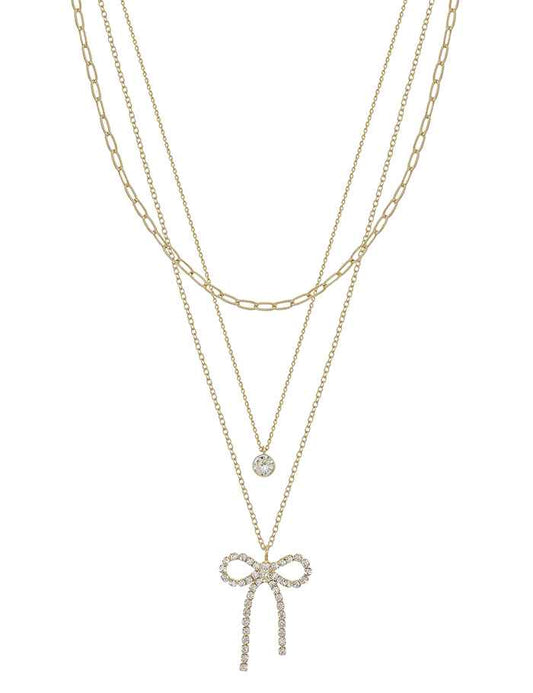 Gold Layered Chain with Rhinestone Bow 16"-18" Necklace