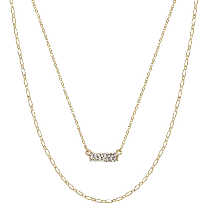 Gold Rhinestone Bar with Layered Chain 16"-18" Necklace