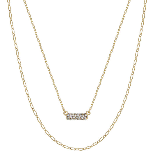 Gold Rhinestone Bar with Layered Chain 16"-18" Necklace