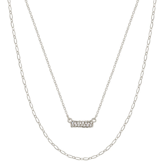 Silver Rhinestone Bar with Layered Chain 16"-18" Necklace