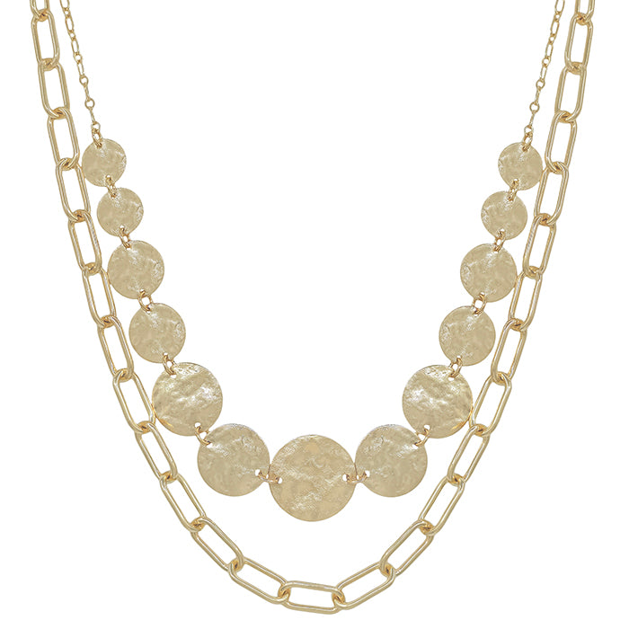 Two Layered Hammer Gold Circle and Chain 16"-18" Necklace