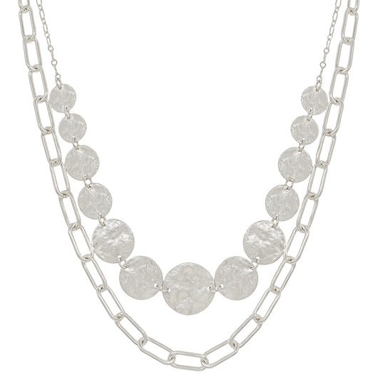 Two Layered Hammer Silver Circle and Chain 16"-18" Necklace