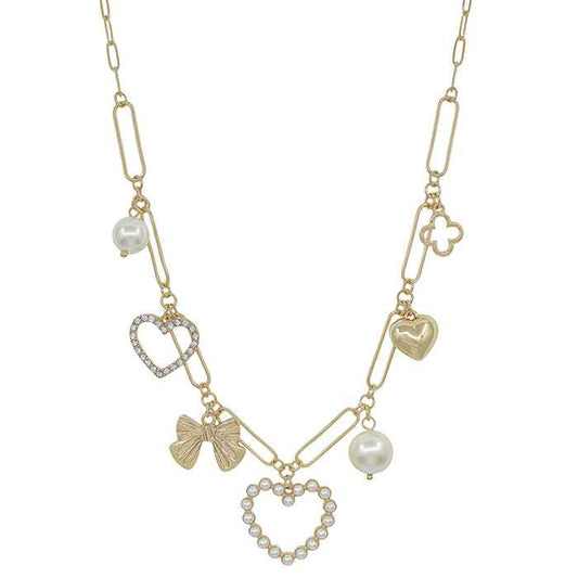 Gold Pearl Heart, Bow, and Pearl Multi Charm 16"-18" Necklace