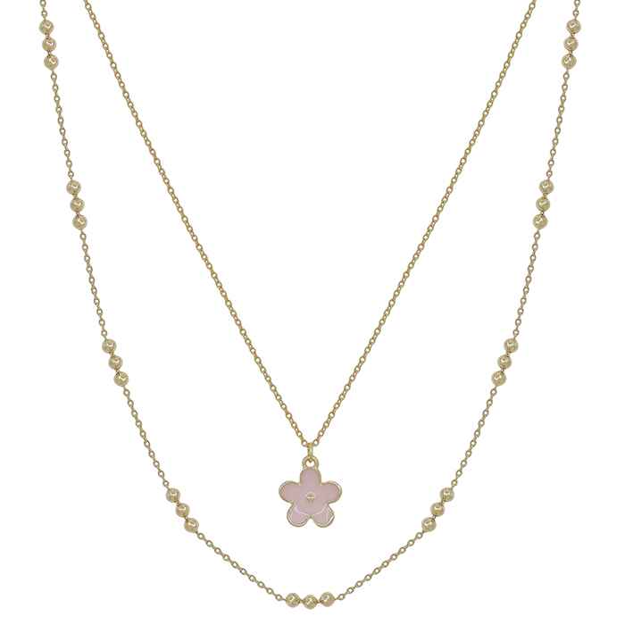 Gold Layered Chain with Pink Epoxy Flower 16"-18" Necklace