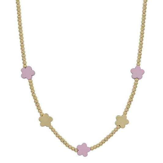 Gold Beaded with Pink Flower Accents 16"-18" Necklace