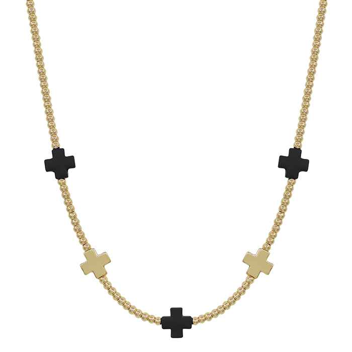 Gold Beaded with Black and Gold Cross Accents 16"-18" Necklace