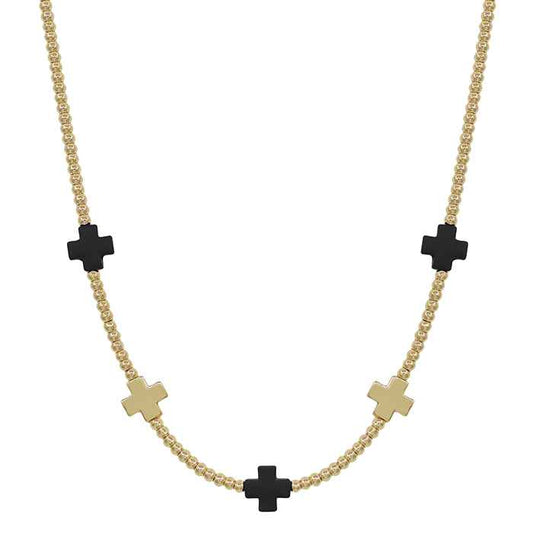 Gold Beaded with Black and Gold Cross Accents 16"-18" Necklace