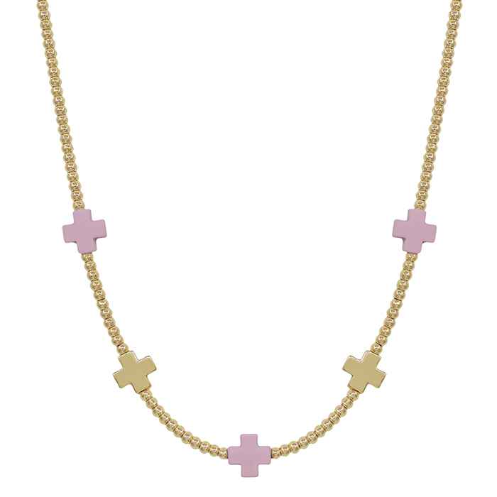 Gold Beaded with Pink and Gold Cross Accents 16"-18" Necklace