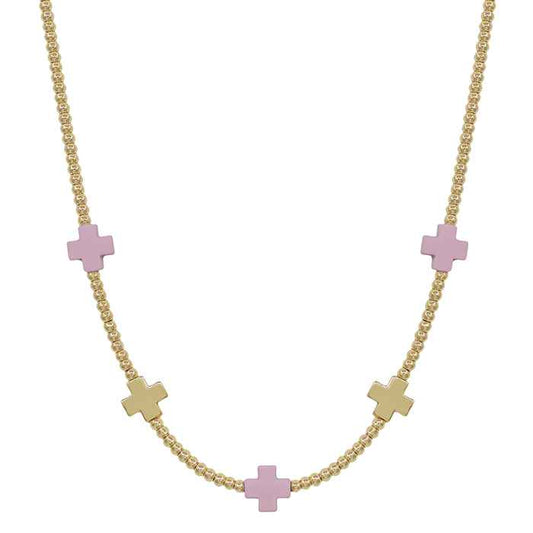 Gold Beaded with Pink and Gold Cross Accents 16"-18" Necklace