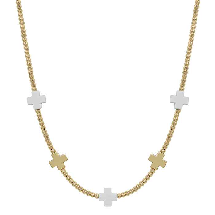 Gold Beaded with White and Gold Cross Accents 16"-18" Necklace