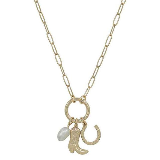 Gold Cowboy Boot, Pearl, and Horseshoe Charm 16"-18" Necklace