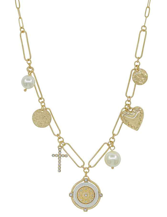 Gold Chain with Gold and Silver Coin, Cross, Heart, and Pearl Charms 16"-18" Necklace