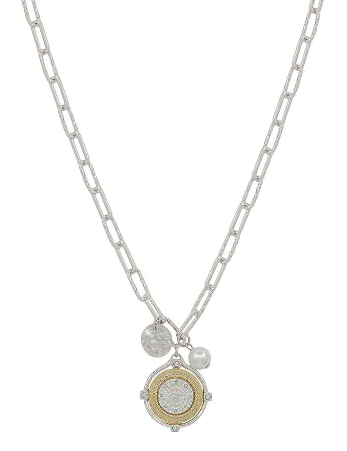 Silver Chain with Two Tone Coin and Pearl Charm 16"-18" Necklace