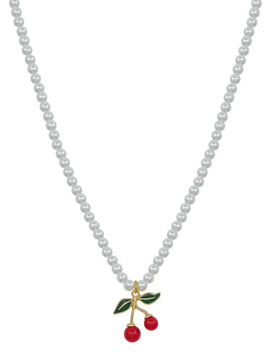 Pearl Beaded 16"-18" Necklace with Cherries Drop