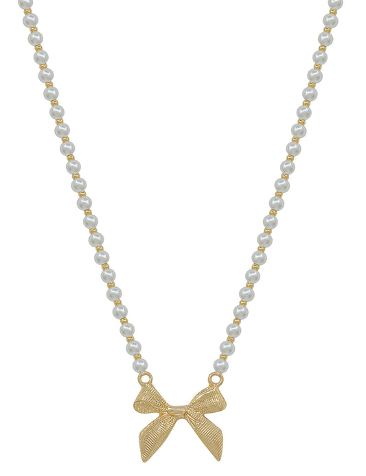 Pearl Beaded Chain 16"-18" Necklace with Gold Bow