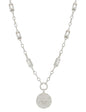 Silver with Clear Rectangle Crystal Chain and Silver Hammered Coin 16"-18" Necklace