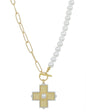 Gold Open Chain and Pearl with Textured Cross with Pearl Charm 16"-18" Necklace