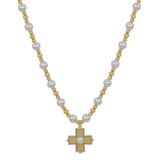 8MM Pearl Beaded and Cross 16"-18" Necklace