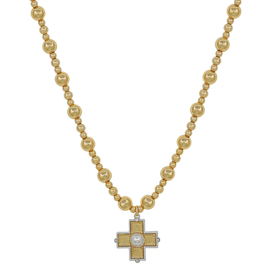 8MM Gold Beaded and Cross 16"-18" Necklace