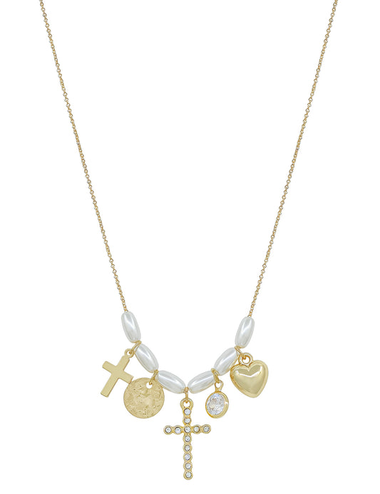 Oval Pearl Beaded with Puffy Heart, Pearl Cross, and Gold Cross Charm 16"-18" Necklace