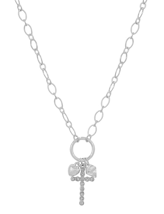 Silver Chain with Rhinestone Silver Studded Cross Charm 16"-18" Necklace