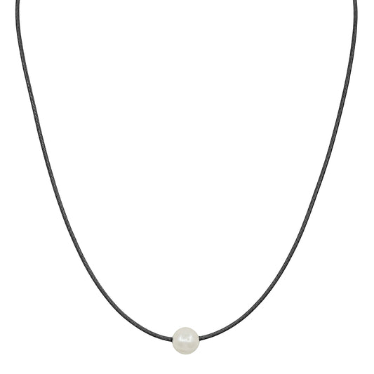 Black Leather Cord with Freshwater Pearl Pull String Necklace