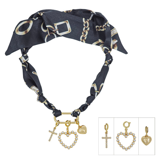 Black Multi with Heart Charm Scarf Necklace