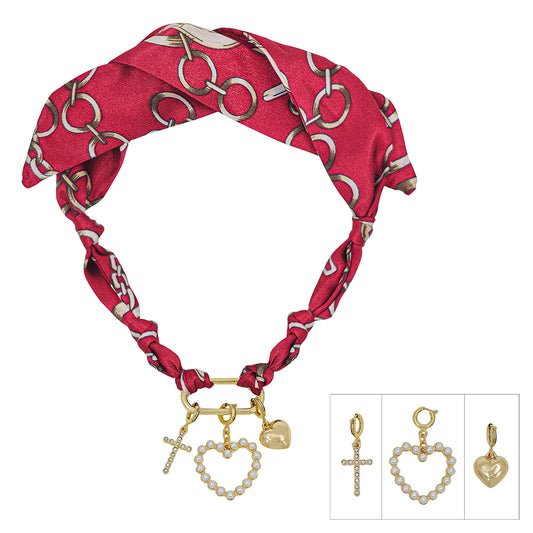 Red Multi with Heart Charm Scarf Necklace