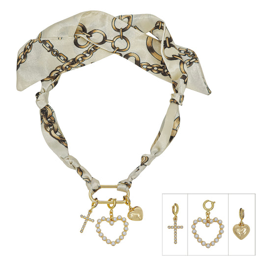 White Multi with Heart Charm Scarf Necklace