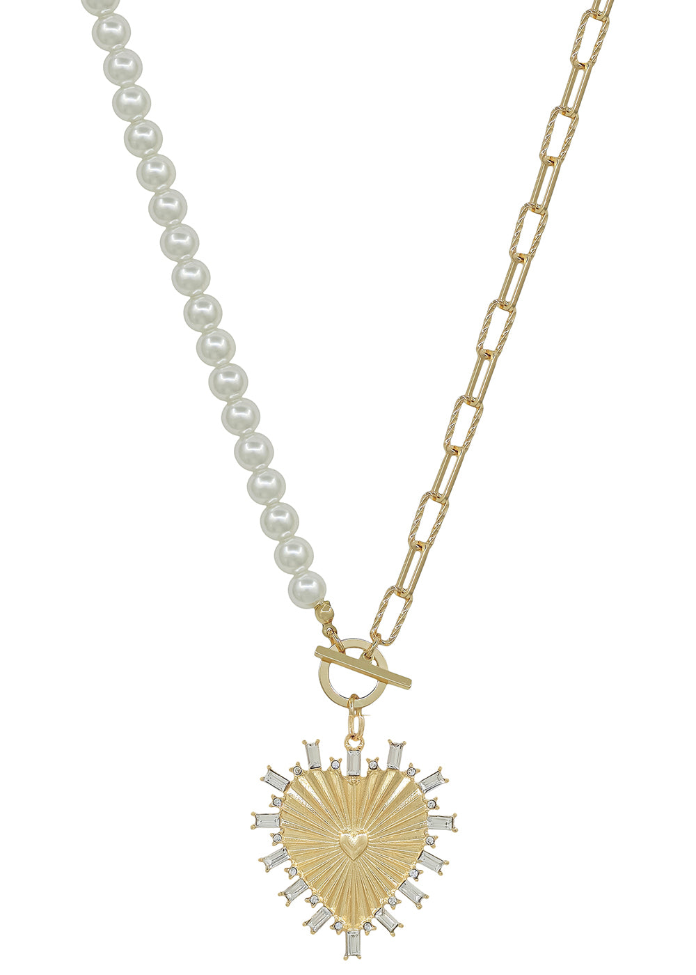 Pearl and Gold chain with Rhinestone Studded Heart Charm 16"-18" Necklace