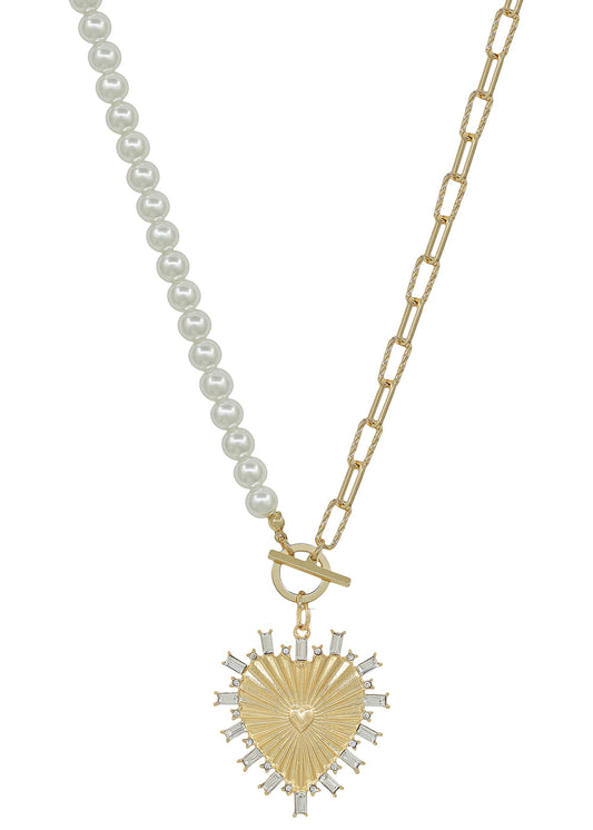 Pearl and Gold chain with Rhinestone Studded Heart Charm 16"-18" Necklace