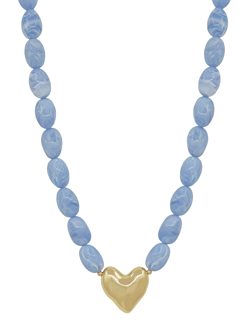 Light Blue Acrylic Oval Beaded with Gold Heart 16"-18" Necklace