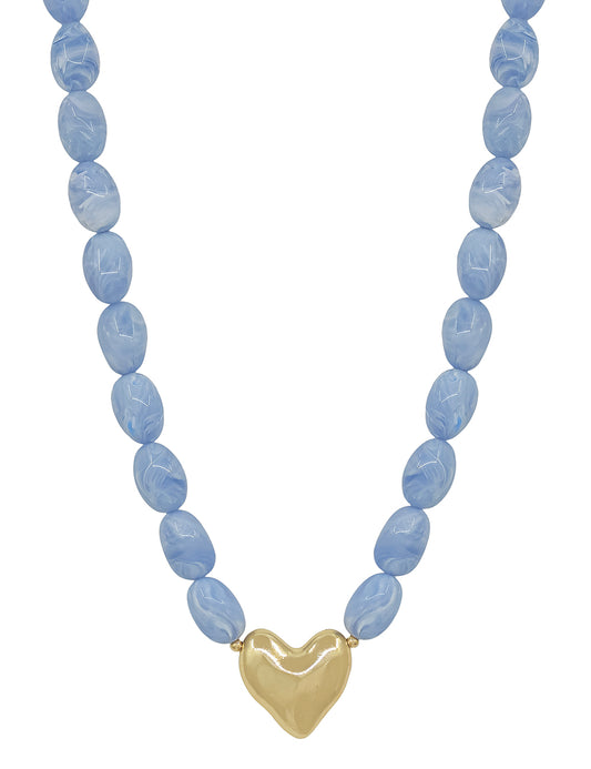 Light Blue Acrylic Oval Beaded with Gold Heart 16"-18" Necklace