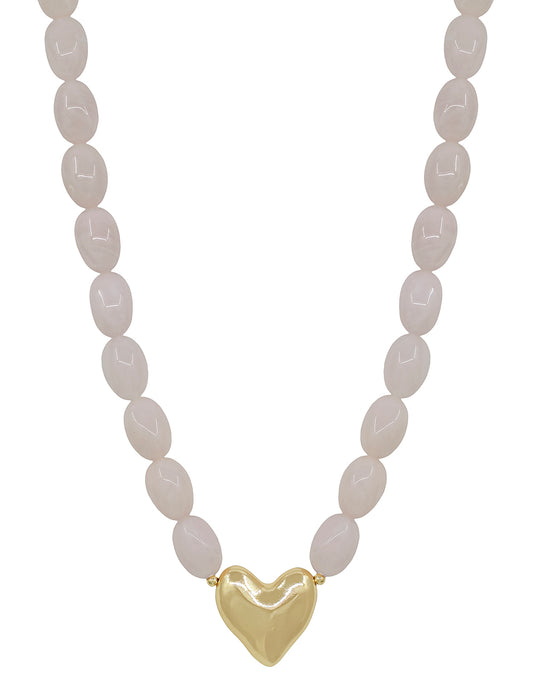 Pink Acrylic Oval Beaded with Gold Heart 16"-18" Necklace