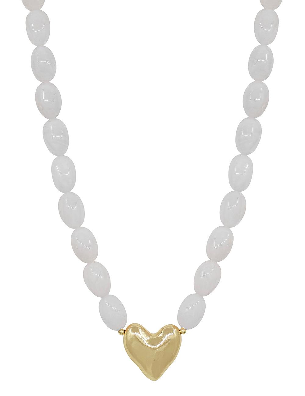 White Acrylic Oval Beaded with Gold Heart 16"-18" Necklace