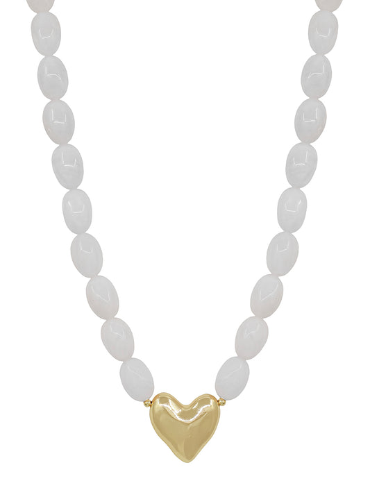 White Acrylic Oval Beaded with Gold Heart 16"-18" Necklace