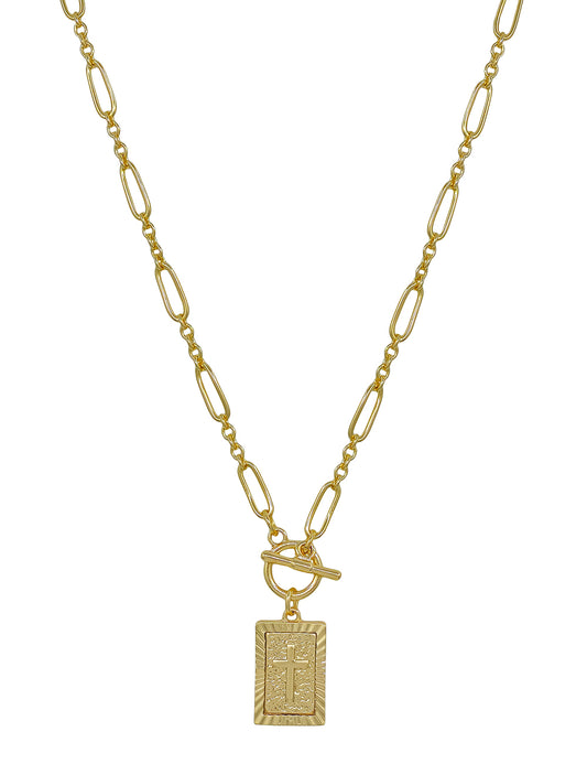 Gold Chain with Textured Square Cross Charm 16"-18" Necklace