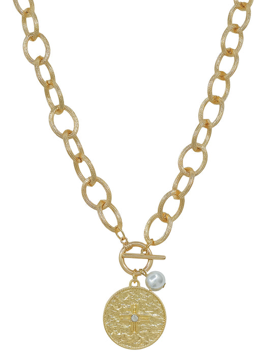 Gold Open Chain with Hammered Coin Toggle Charm 16"-18" Necklace