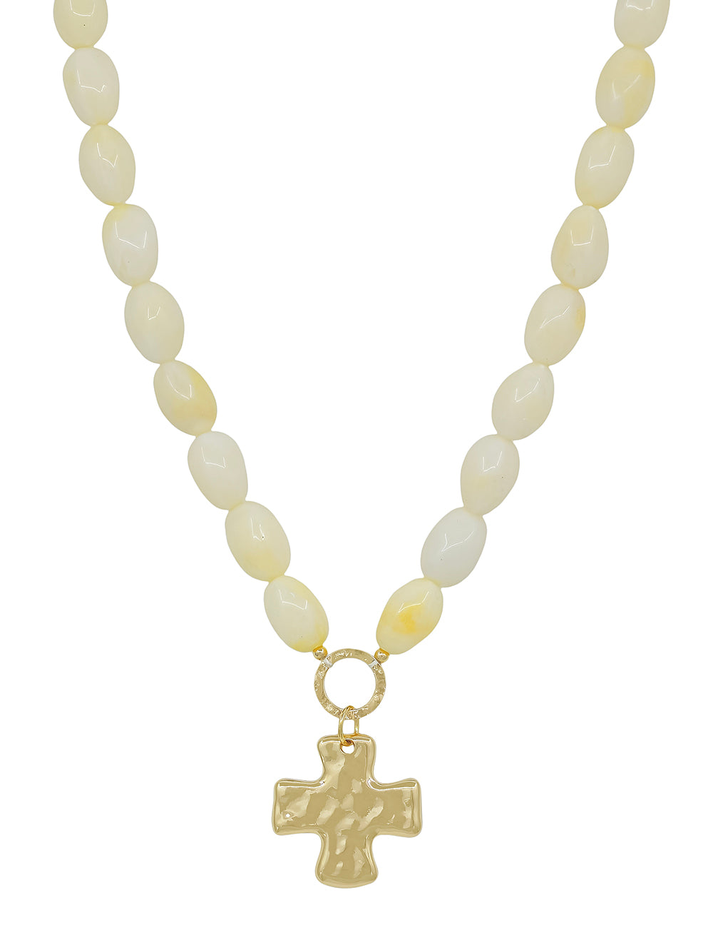 Natural Resin Oval Beaded with Hammered Gold Cross 16"-18" Necklace